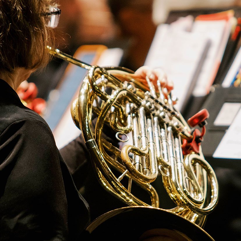 A Plano Community Band member playing the French Horn.